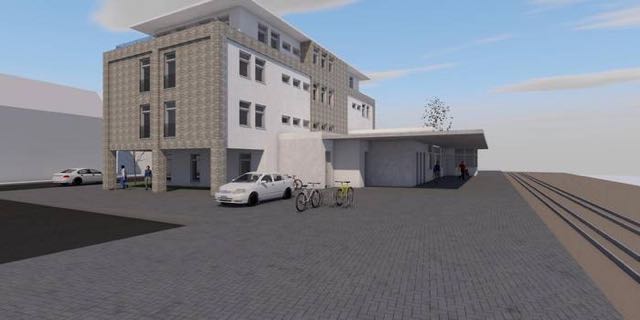 In das geplante Wohn- und Geschäftshaus direkt an den Gleisen soll das derzeitige flache Bahnhofsgebäude (rechts) baulich integriert werden. Computerdarstellung: Kerstin Schulz-May In das geplante Wohn- und Geschäftshaus direkt an den Gleisen soll das derzeitige flache Bahnhofsgebäude (rechts) baulich integriert werden. Computerdarstellung: Kerstin Schulz-May